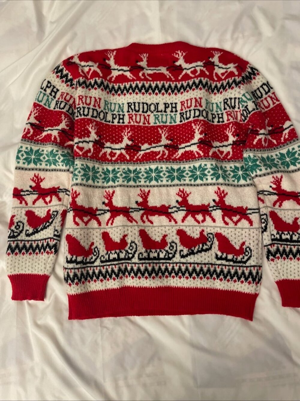 G&J Ugly Christmas Sweater Women’s M Red Fair Isle Run Rudolph Run Sleigh Unisex